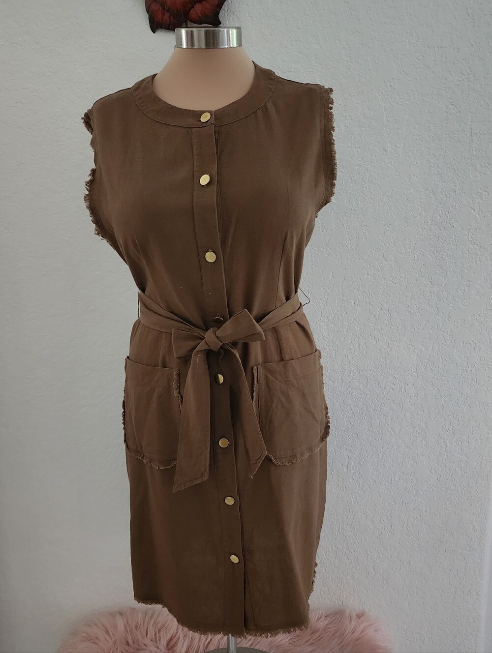 NICOLE MILLER | Sleeveless Button-Front Belted Dress in Brown